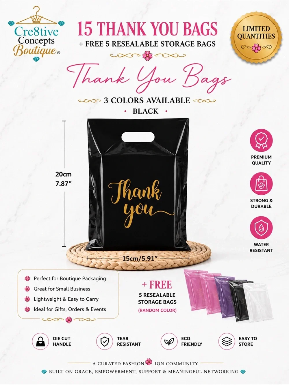 15 Thank You Boutique Bags + FREE 5 Resealable Storage Bags (Total 20pcs)
